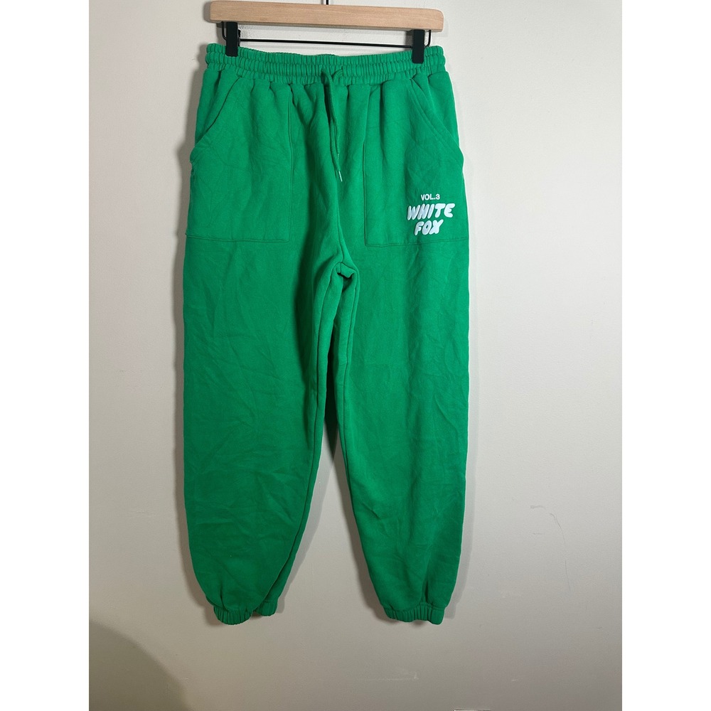 White Fox Vol 3 Boutique Green Sweatpants Womens Large Logo Joggers Relaxed Fit
